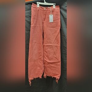 Size 7 Risen Jeans - Wide Leg, Brick Color, Distressed Hems